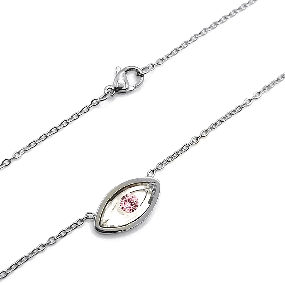Collar Acero Inoxidable Plateado Ojo Pupila Rosa Cristal