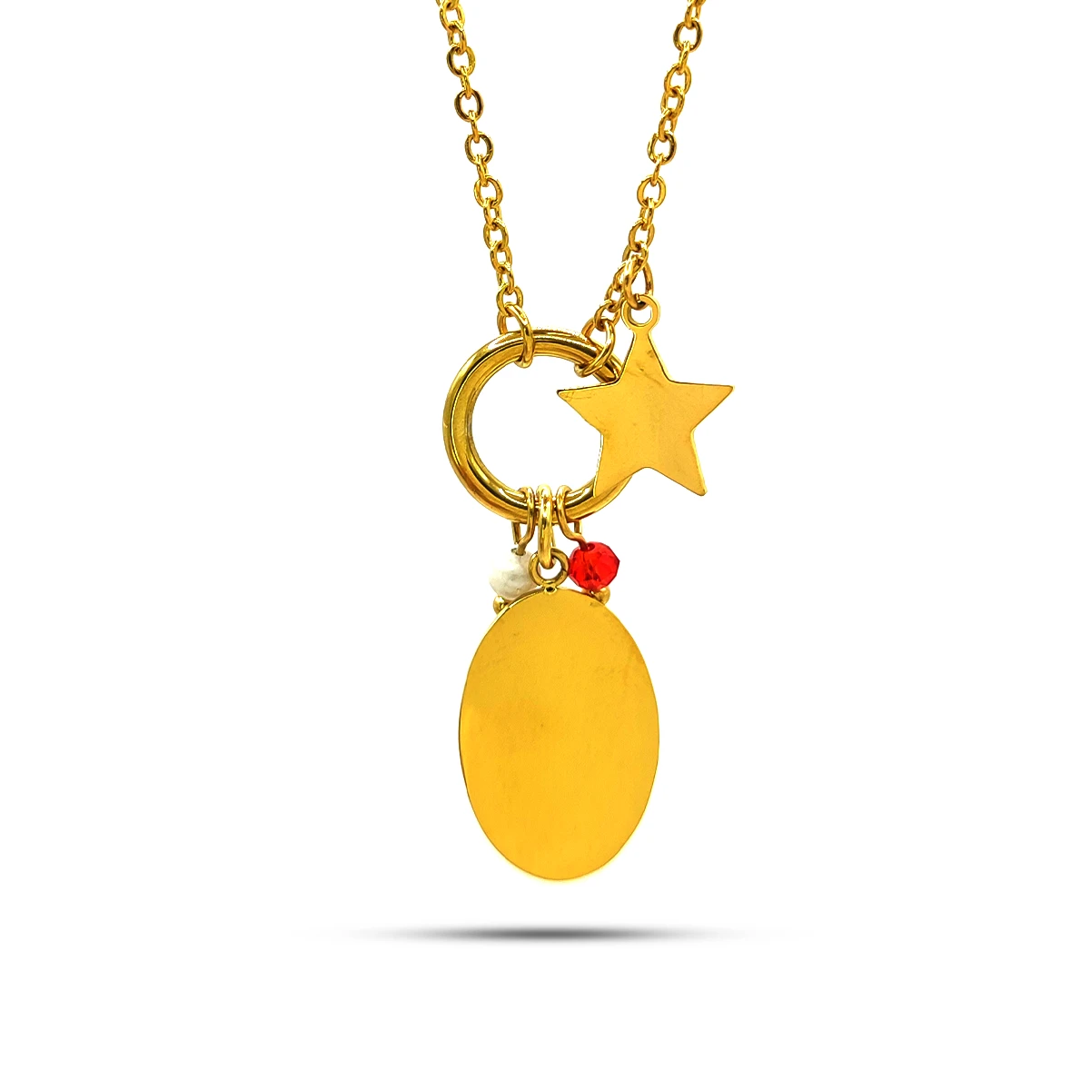 Collar Acero Dorado Argolla Charms Ovalo Liso Estrella