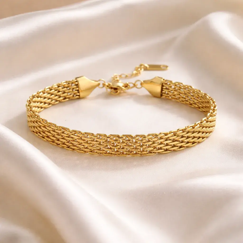 Pulsera Acero Dorado Multicadena Tipo Red Elegante