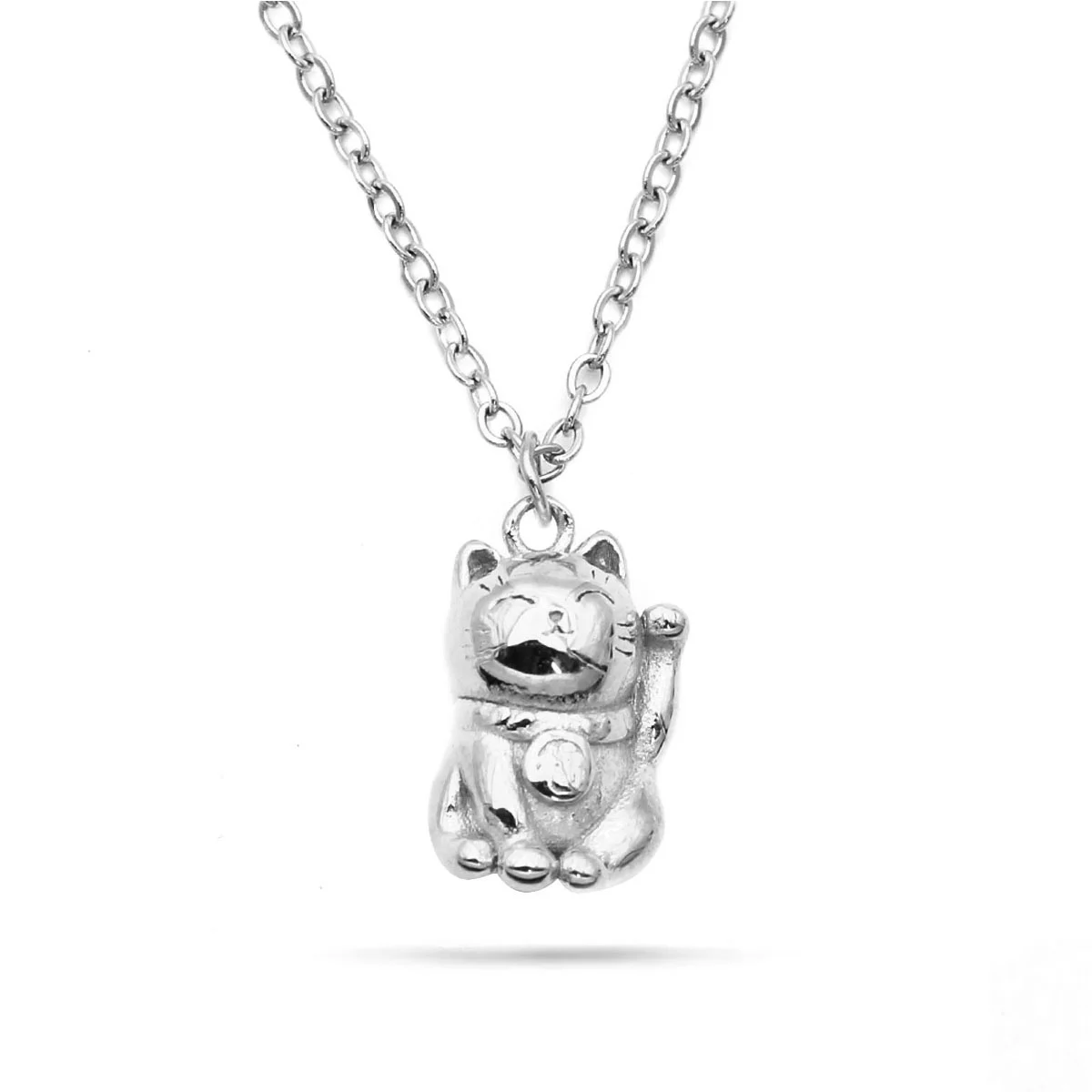 Collar Acero Plateado Gato Suerte Fortuna Maneki-neko