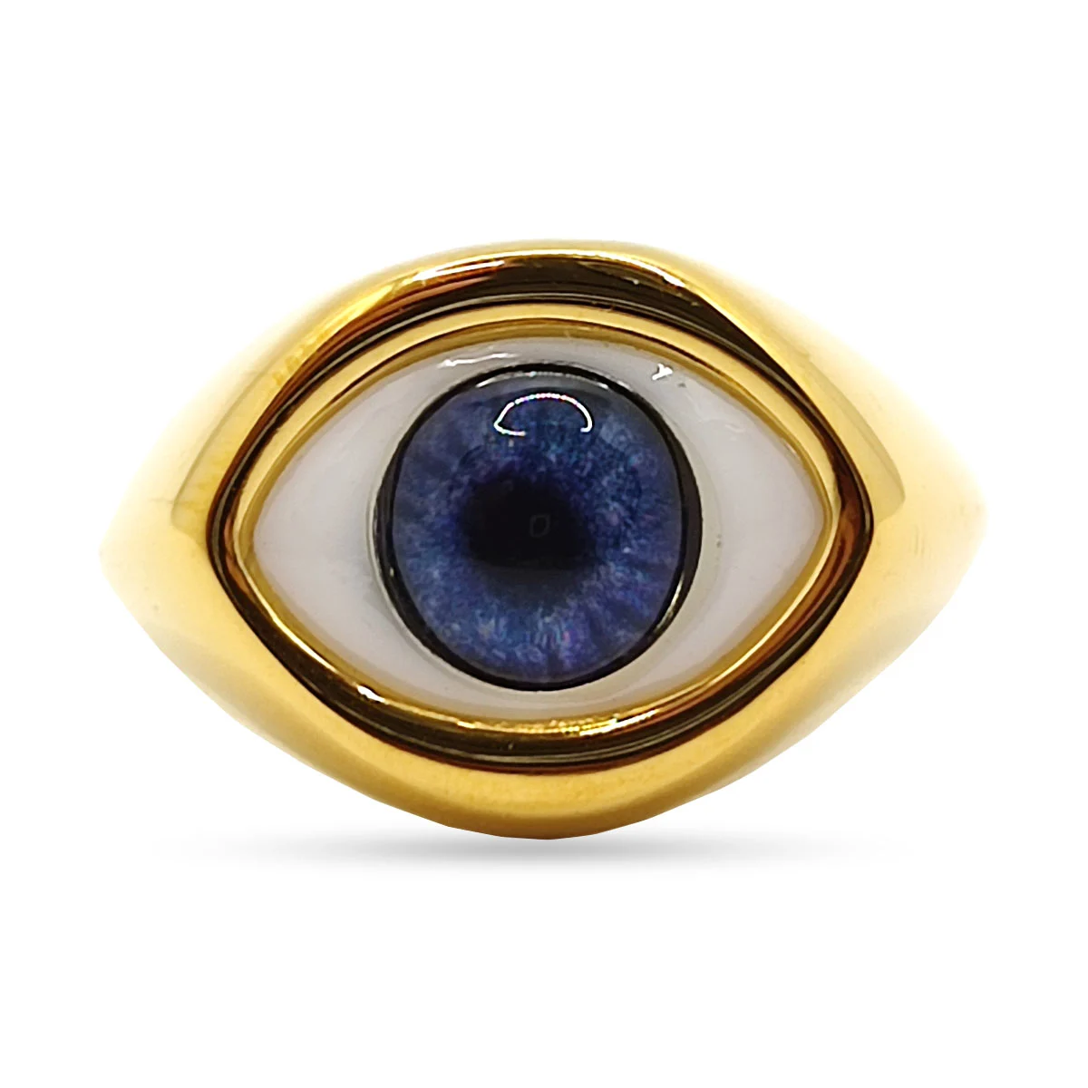 Anillo Acero Inoxidable Dorado Ojo Azul Realista
