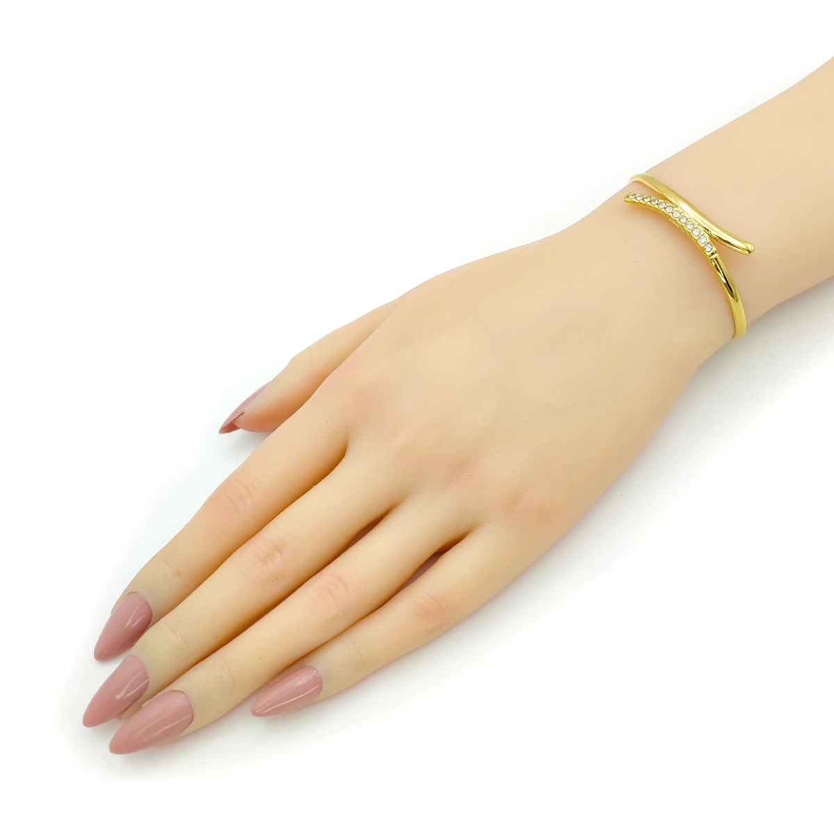 Pulsera Acero Dorado Brazalete Lineas Curvo Cristales