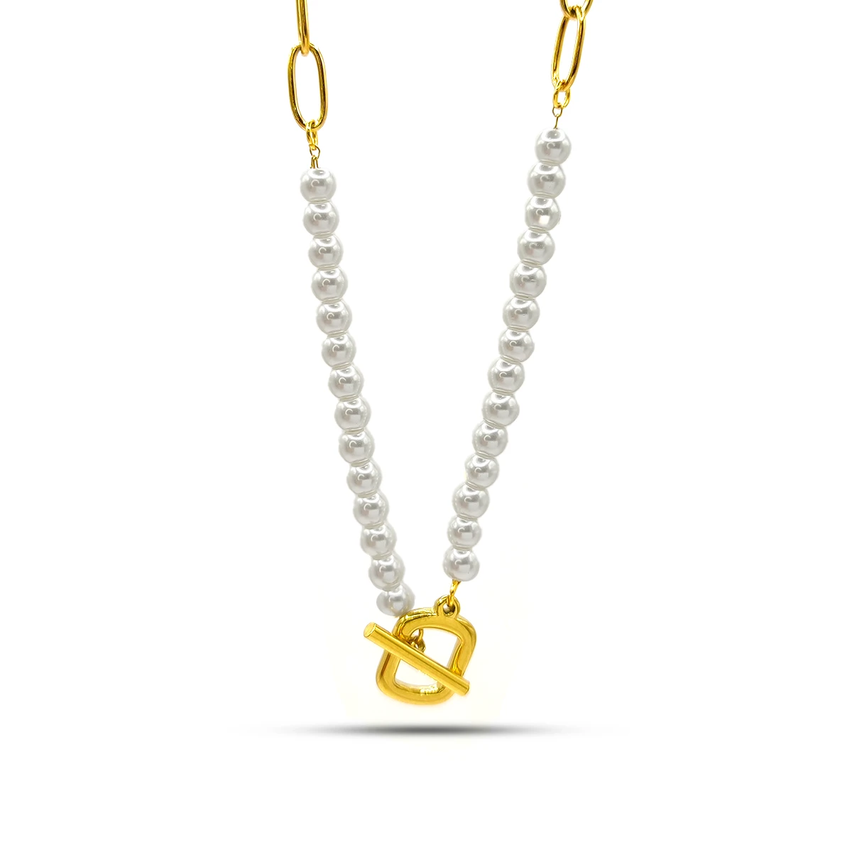 Collar Acero Dorado Perlas Eslabon Largo Broche Barra