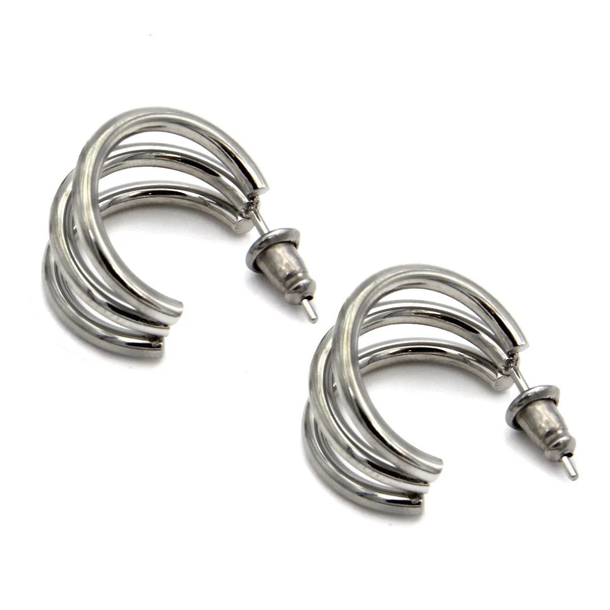 Aretes Acero Plateado Tipo Arracada 3 Media Linea Simple