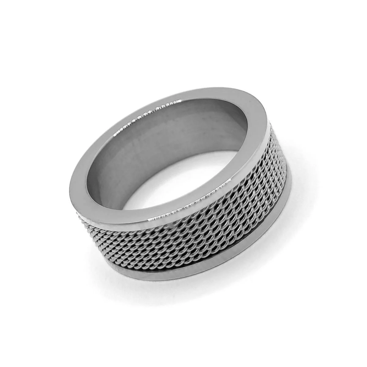 Anillo Acero Plateado Malla Biselado Tejido Hombre Lujo