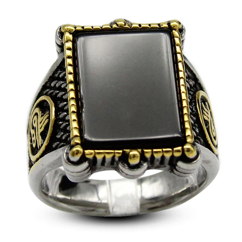 Anillo Hombre Acero Plata Dorado Piedra Cuadro Onix Negro