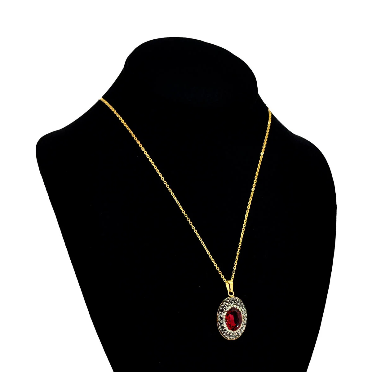 Set Joyeria Acero Inox Dorado Piedra Oval Roja Escarlata