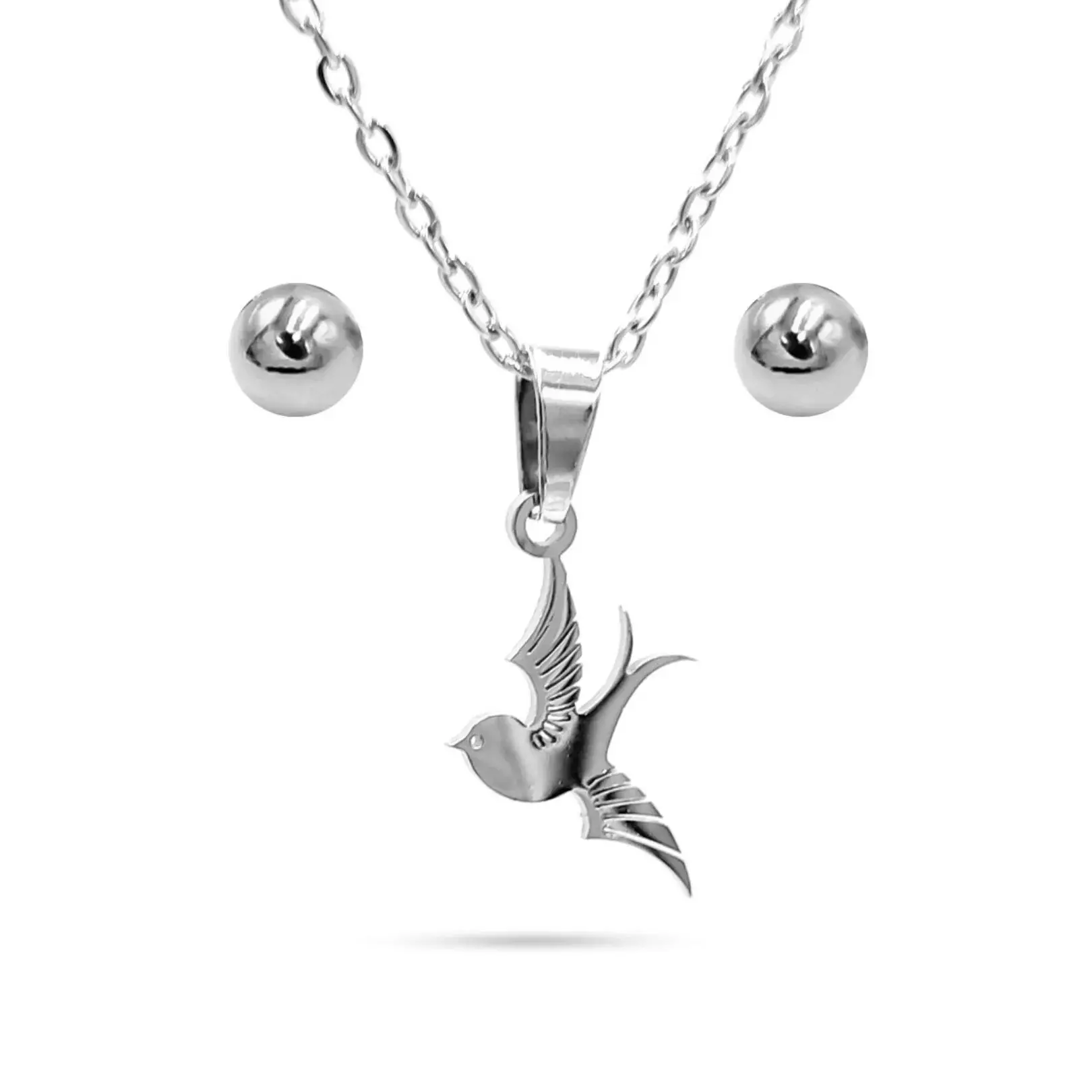 Set Joyeria Acero Plateado Ave Golondrina Volando
