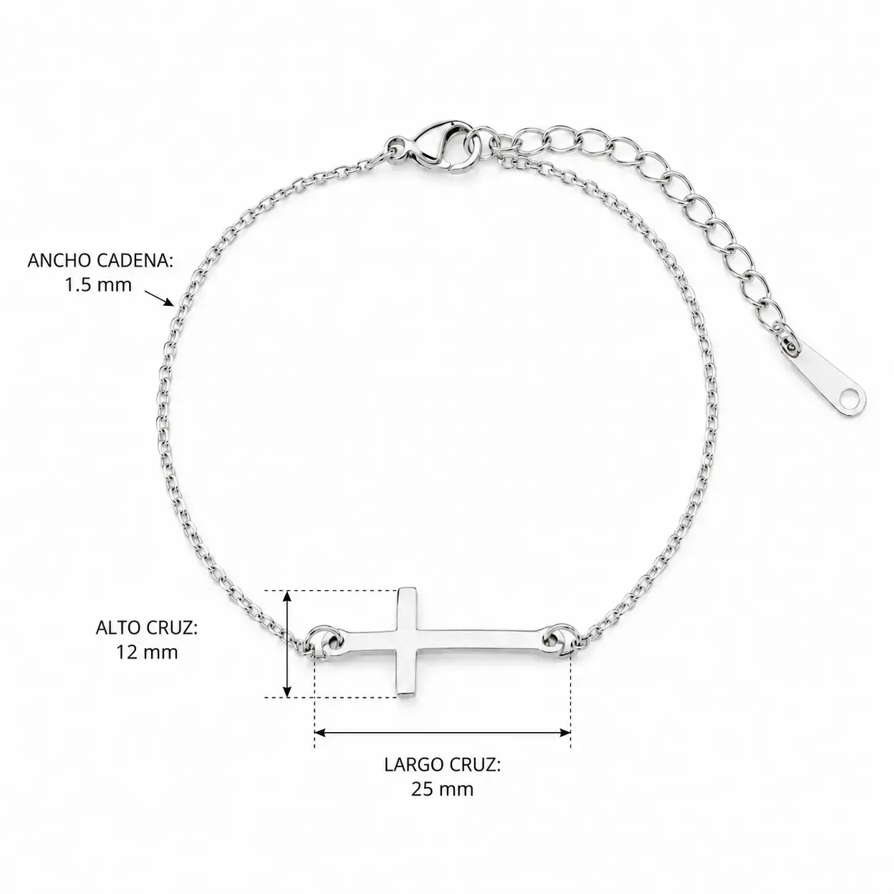 Pulsera Acero Plateado Simbolo Cruz Lisa Sencilla