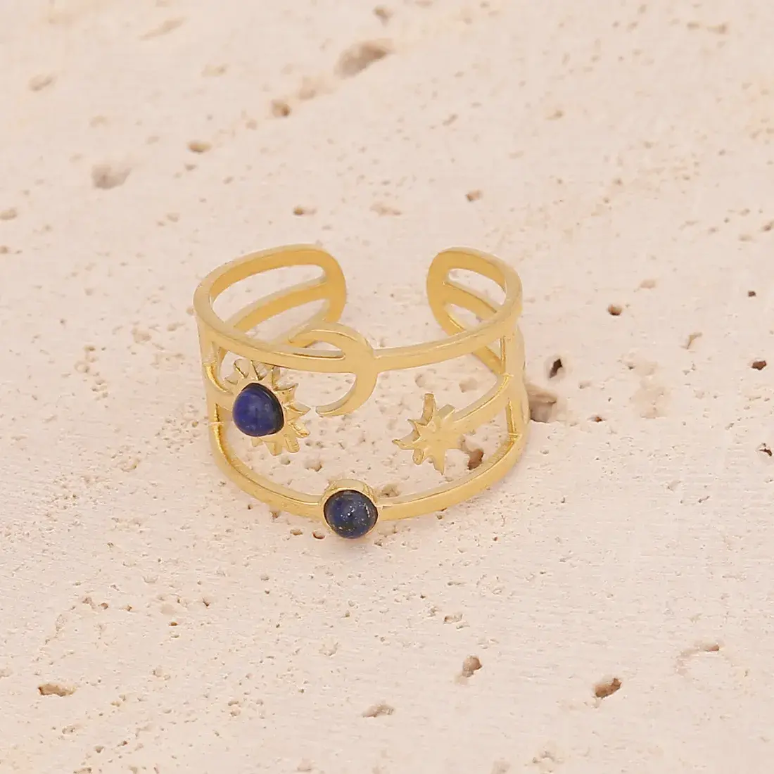 Anillo Acero Dorado Luna Sol Cielo Lapislazuli Ajustable