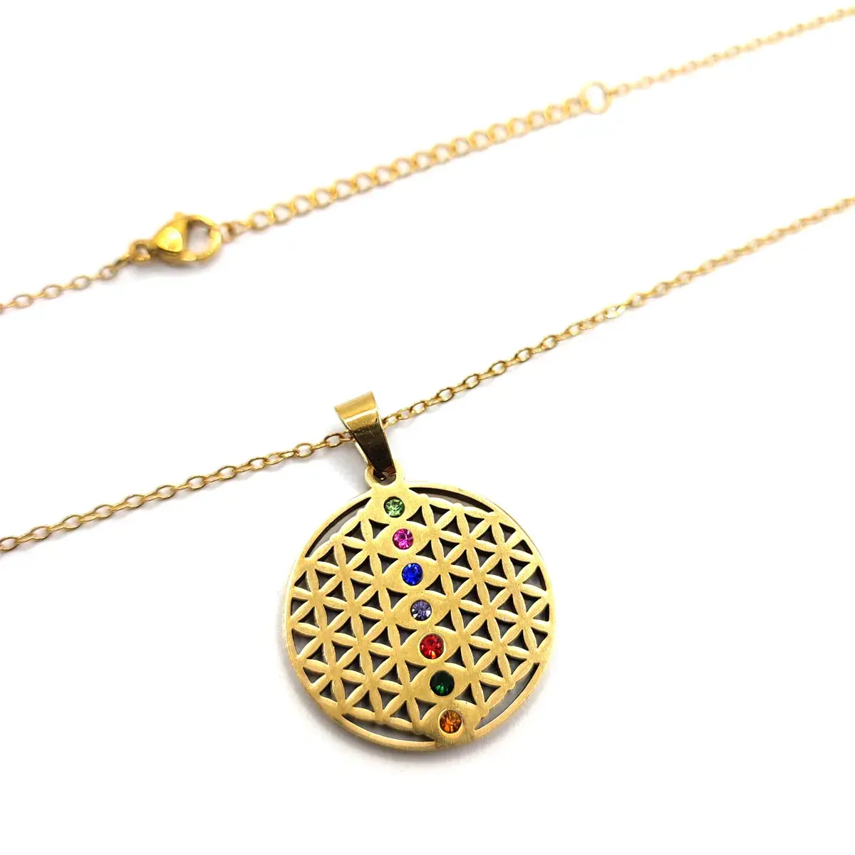 Collar Acero Dorado Flor de la Vida Cristales 7 Chakras