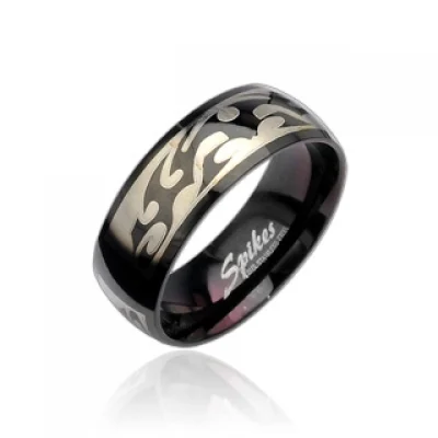 Anillo de Acero Plata - Negro Diseño Flamas
