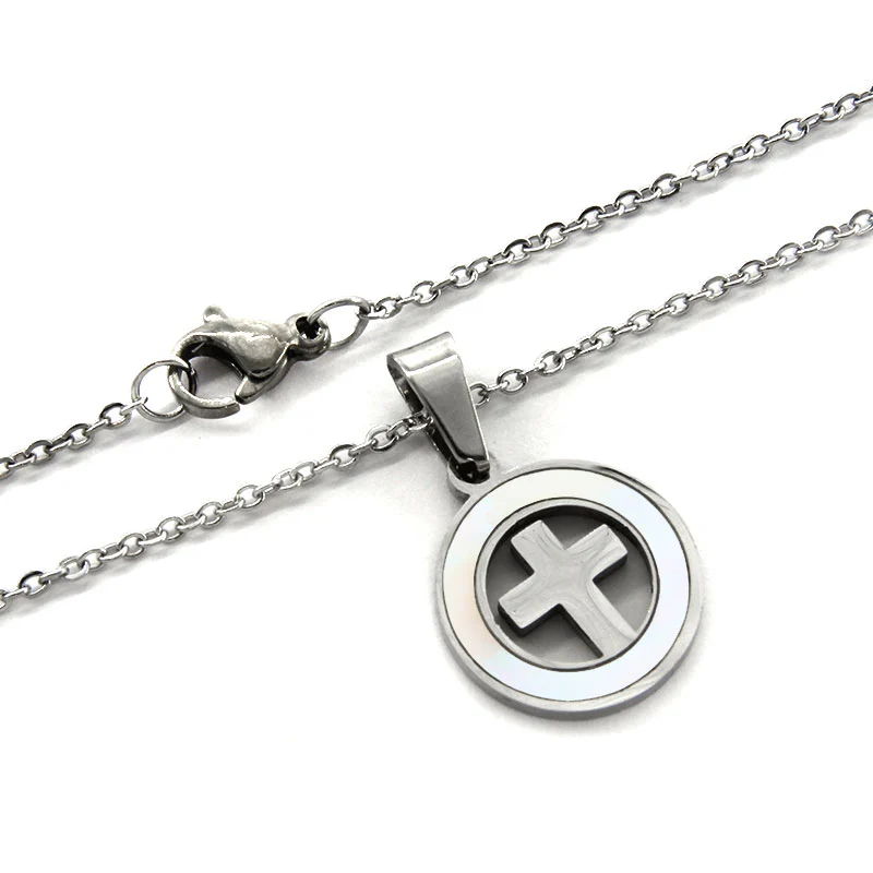 Collar Acero Plateado Cruz Latina Madre Perla Minimalista