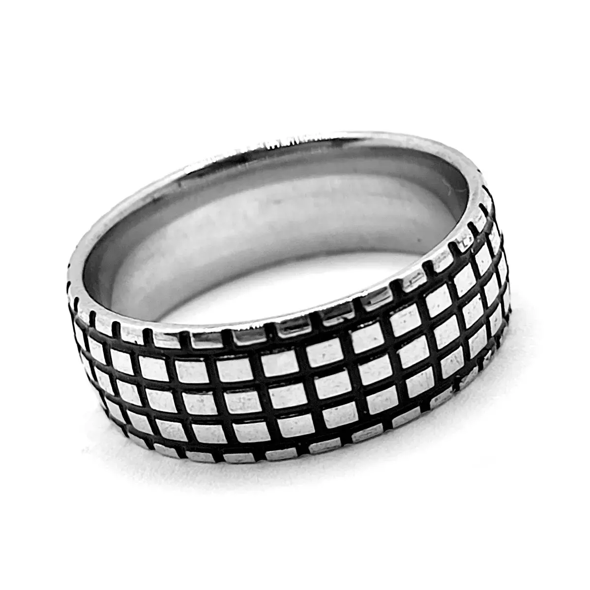 Anillo Acero Inox Plateado Cuadros Lineas Negras Moderno