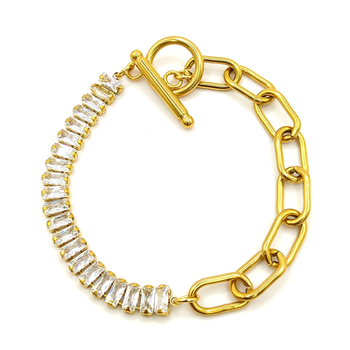 Pulsera Acero Dorado Mixta Eslabon Oval Cristales Barra