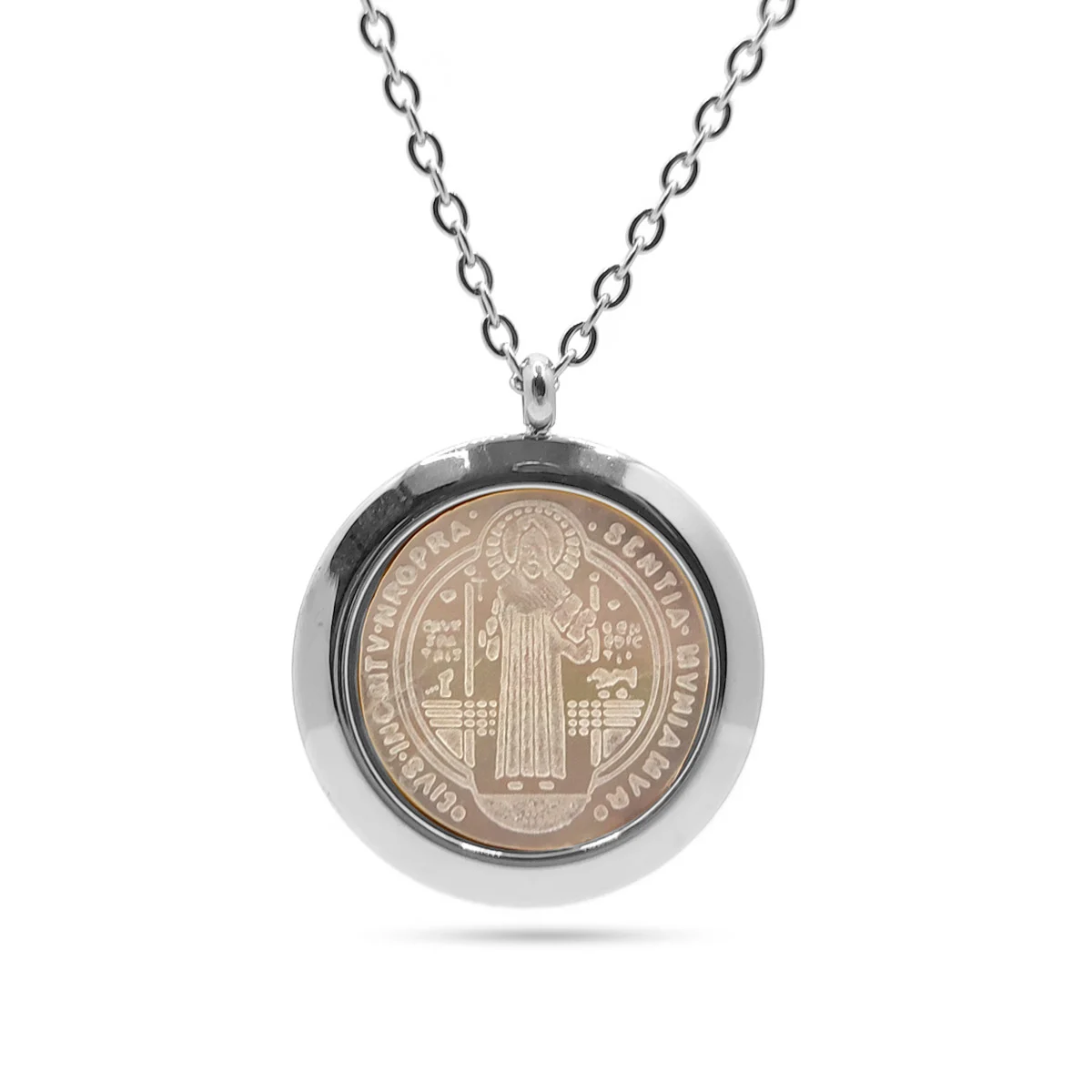 Collar Acero Inox Plateado San benito Madre Perla Medalla
