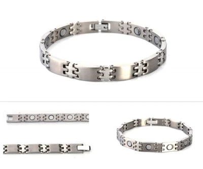 Pulsera de Titanio Eslabon Pequeño Doble Cruz con Magnetos