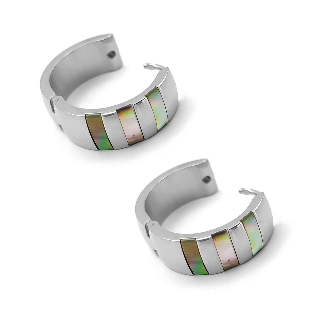 Aretes Acero Plateado Arracada Huggies Bandas Madre Perla