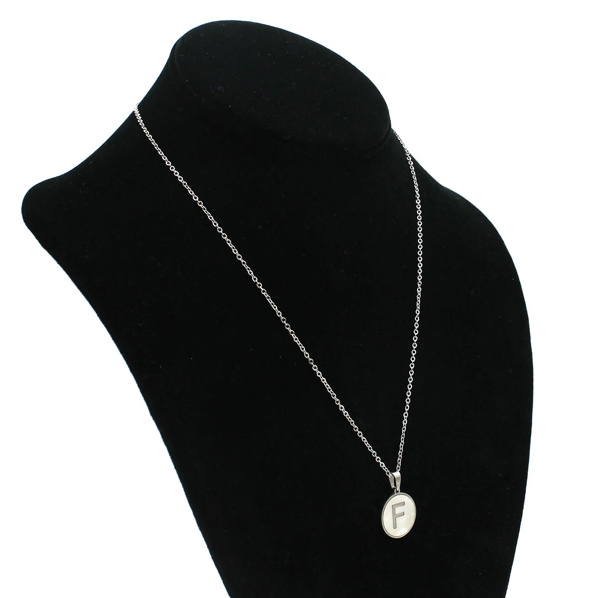 Collar Acero Plateado Circular Letra F Madre Perla