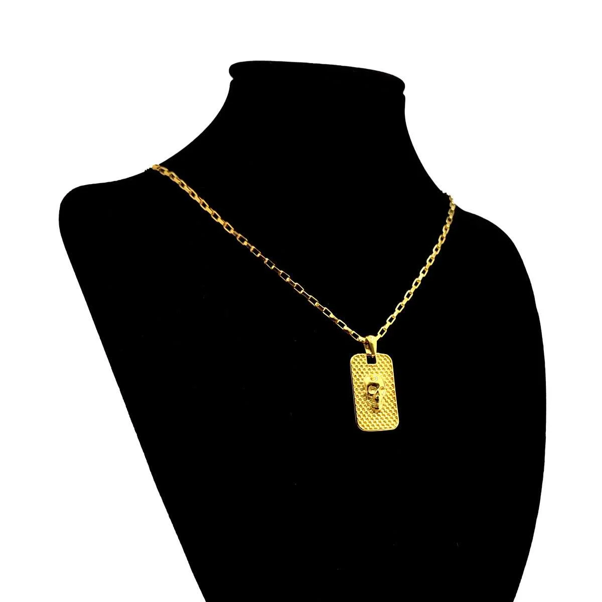 Collar Acero Dorado Placa Cráneo Calavera Real 26 x 16 mm