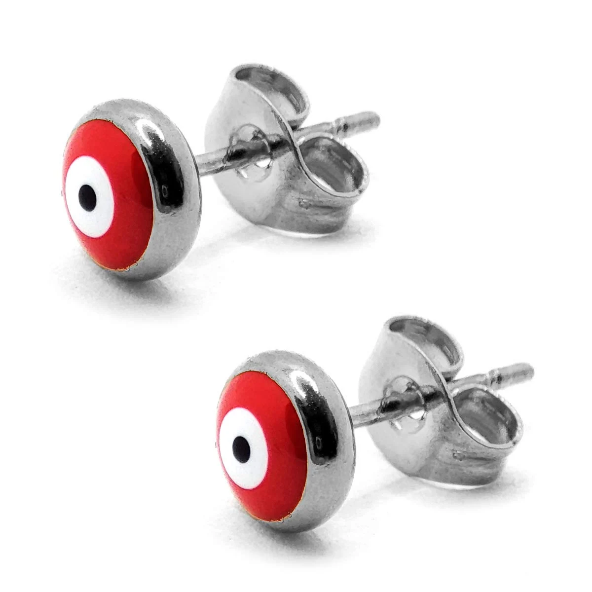 Aretes Acero Plateado Broquel Ojo Turco Rojo Protección