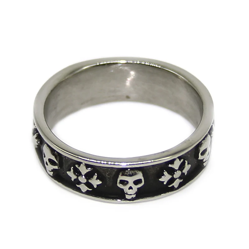 Anillo Acero Inox Plateado Calavera Cruz Flor de Liz