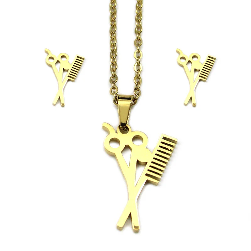 Set de Joyeria Acero Inox Dorado Estilista Tijeras Peine