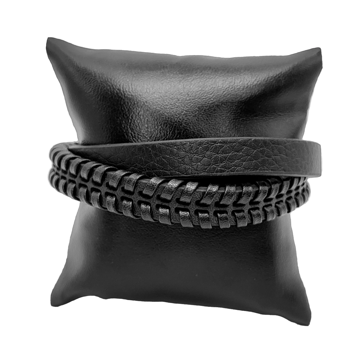 Pulsera Acero Negra Piel Dos Tiras Gruesas Tejida y Lisa