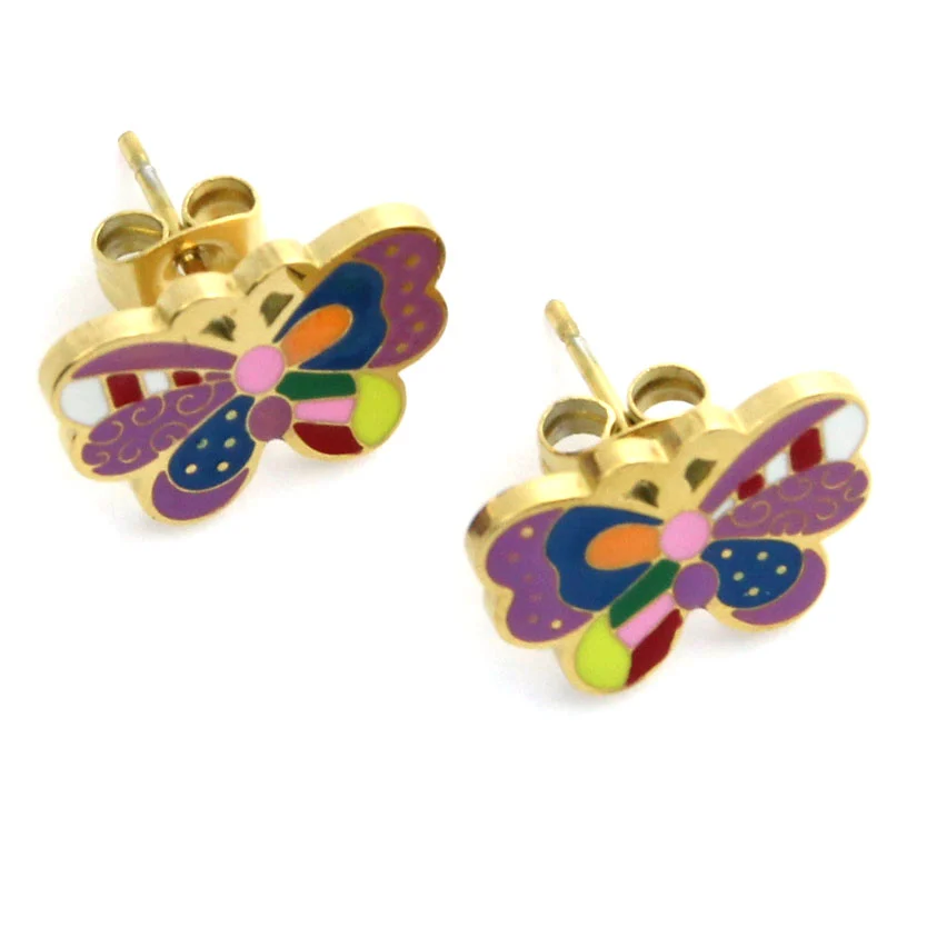 Aretes Acero Dorado Mariposa Colorida Niña