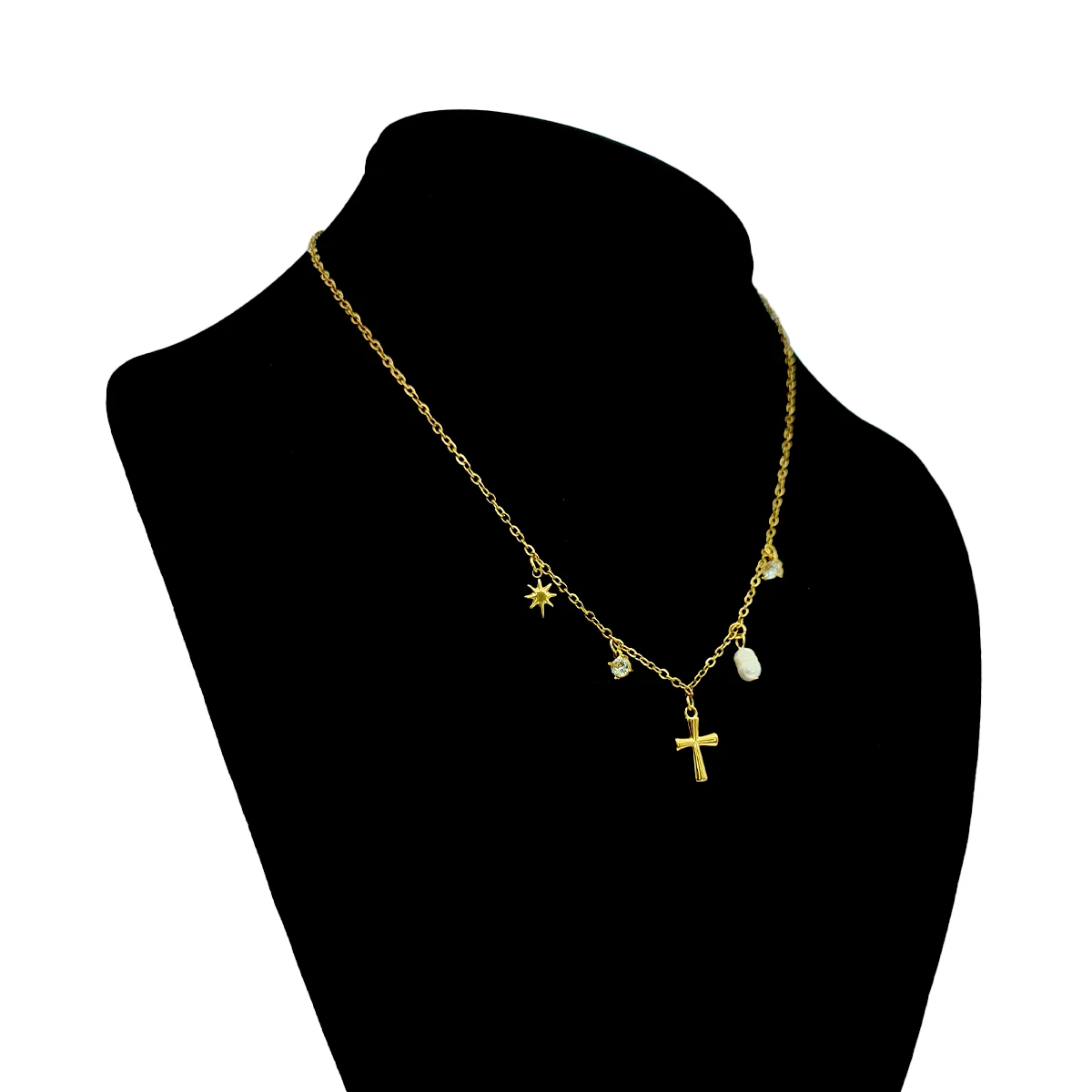Collar Acero Inox Dorado Cruz Latina Perla de Río Estrella