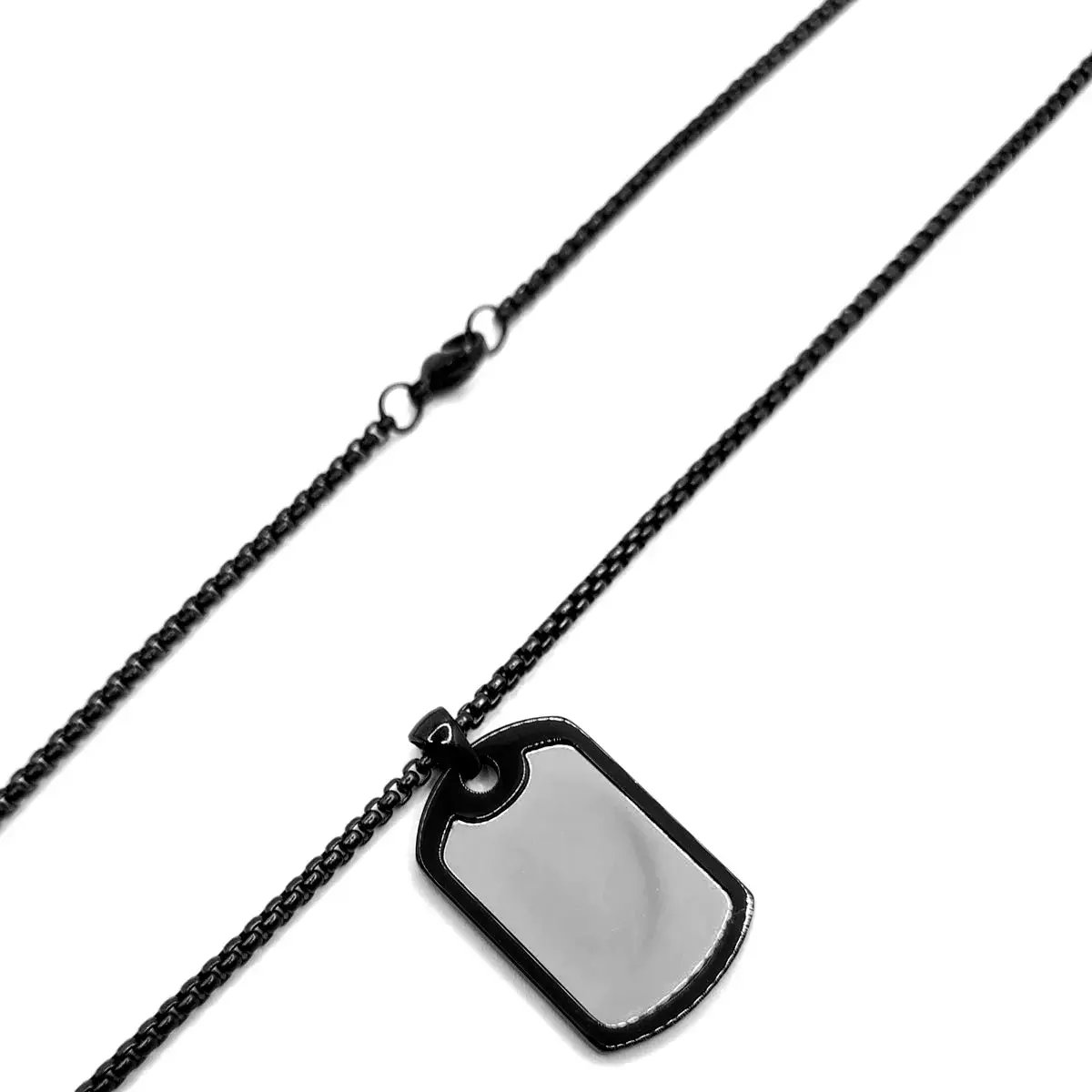 Collar Acero Inox Negro Militar Placa Plateada Hombre