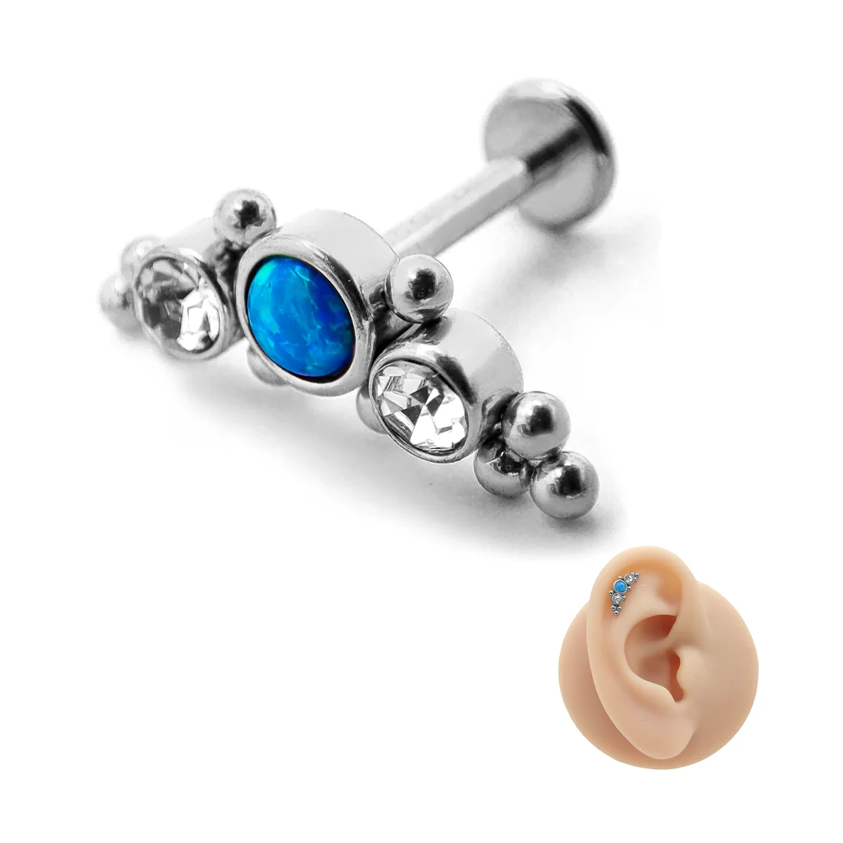 Piercing de Oreja Acero Trepador Cristales Opalo Azul