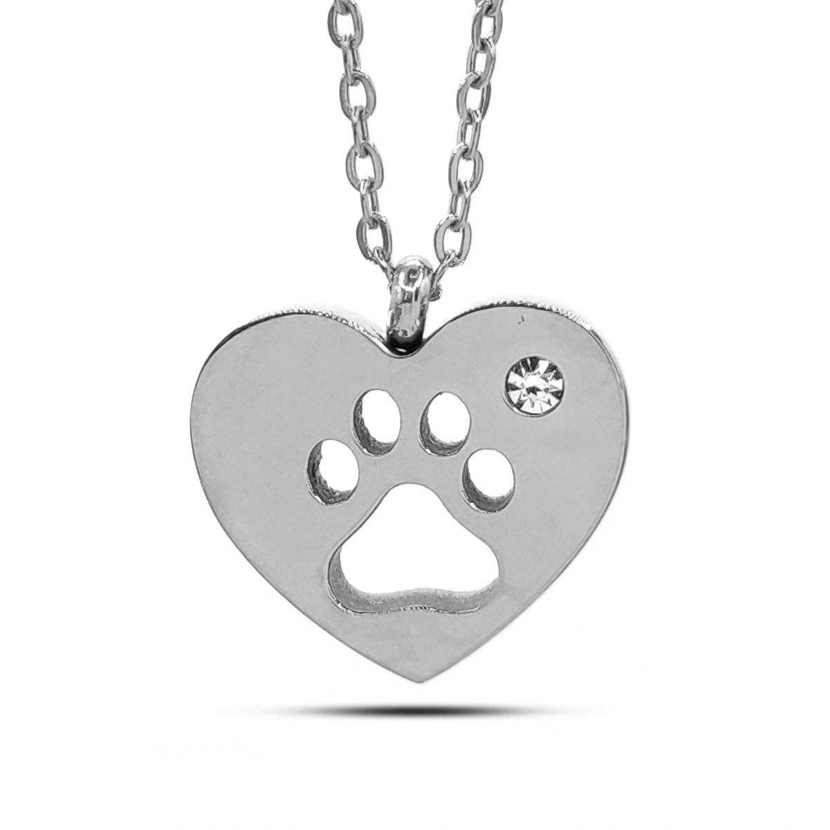Collar Acero Corazon Huella Mascota Hueca Cristal Claro