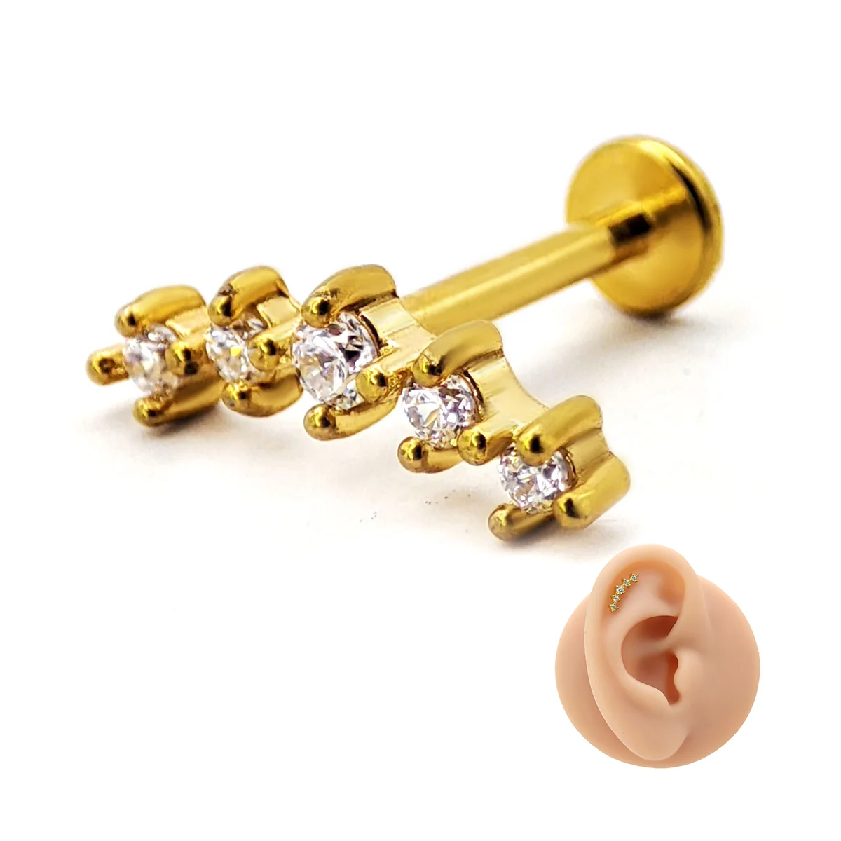 Piercing de Oreja Acero Curvo 5 Zirconias Trepador