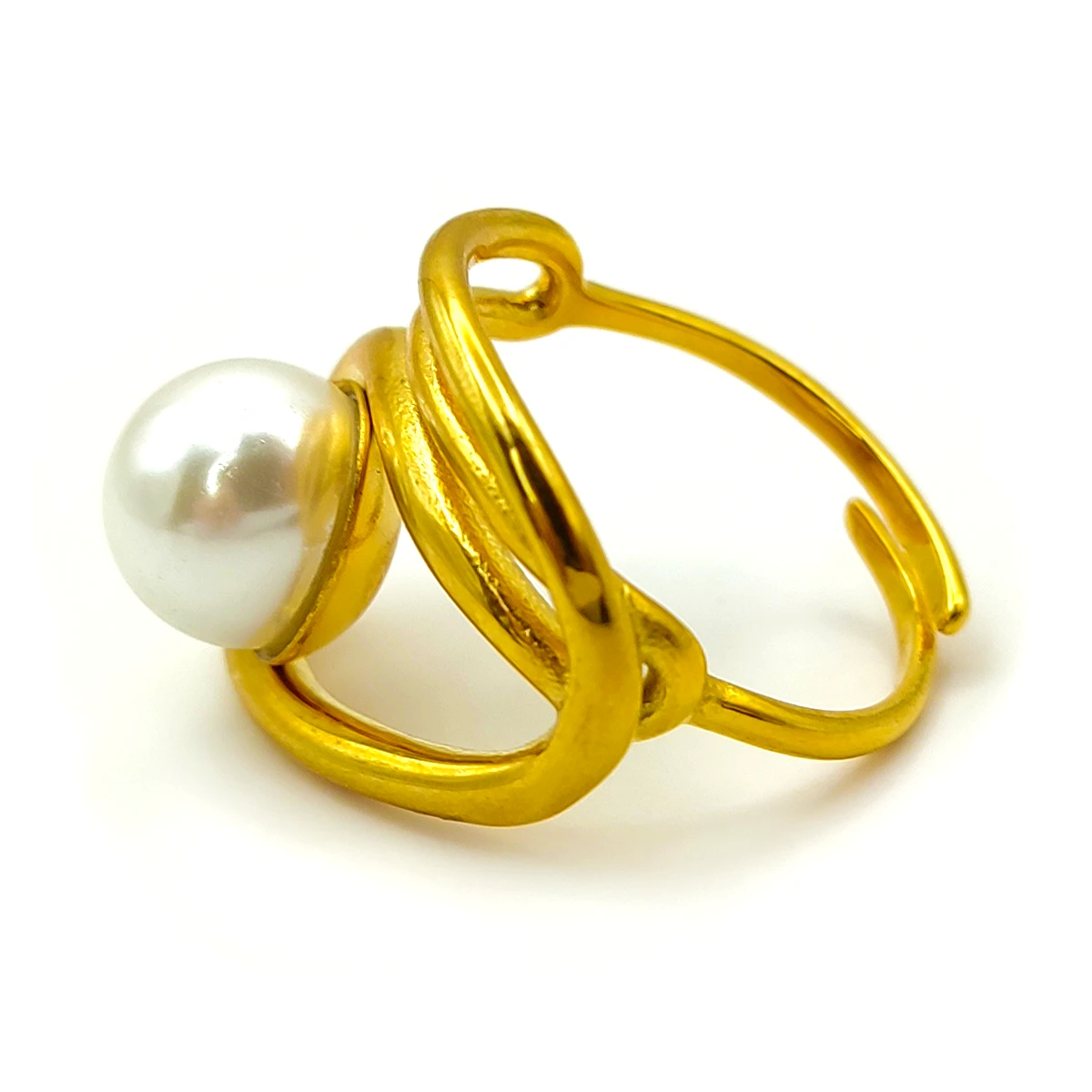Anillo Acero Dorado Irregular Espiral Perla Ajustable