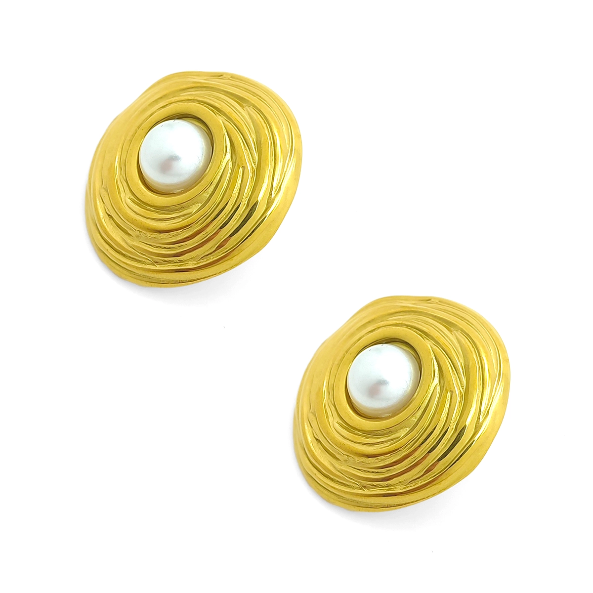 Aretes Acero Dorado Redondos Perla Enmarcada Surcos
