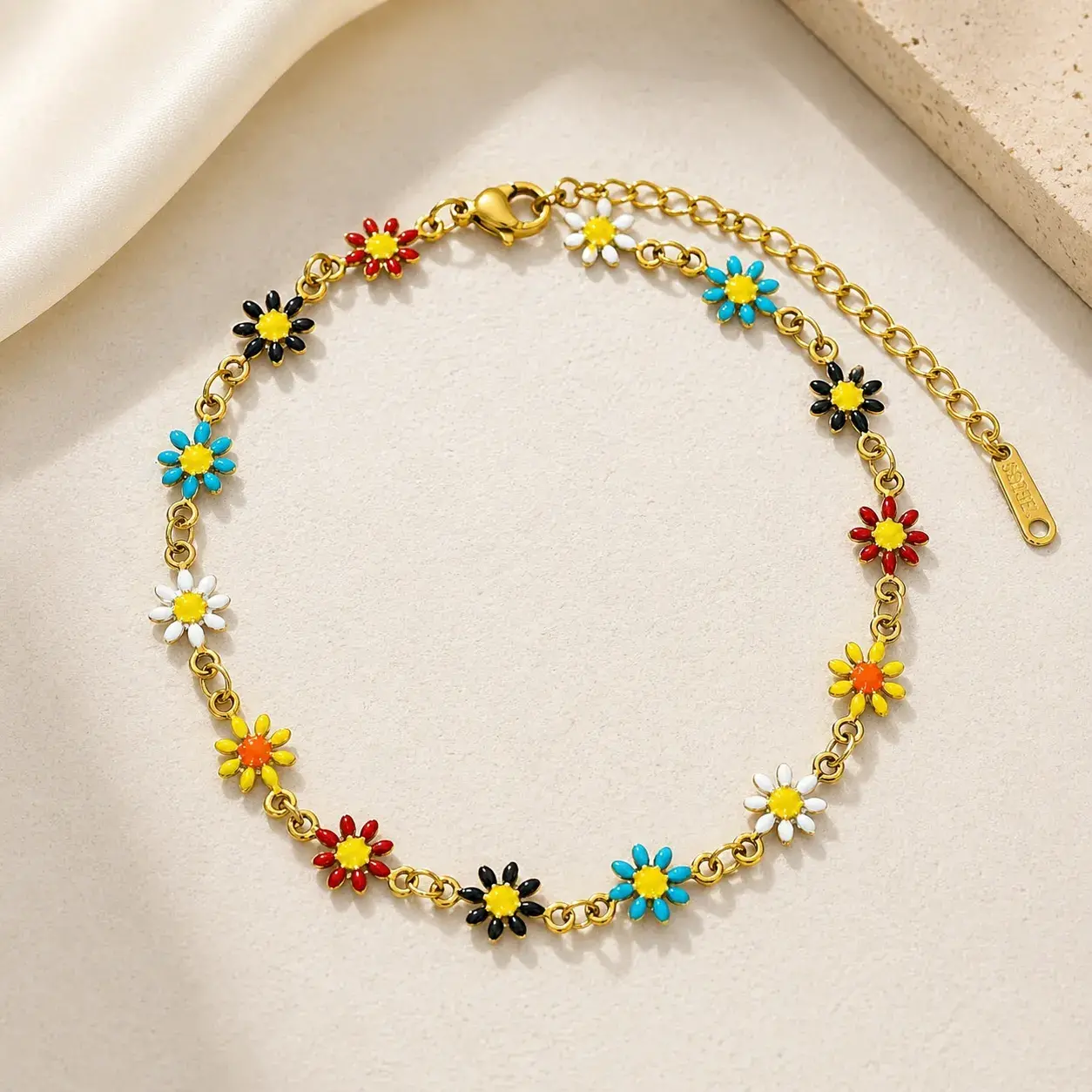 Tobillera Acero Dorado Flores Margaritas Multicolor