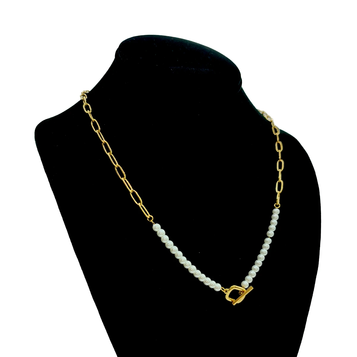 Collar Acero Dorado Perlas Eslabon Largo Broche Barra