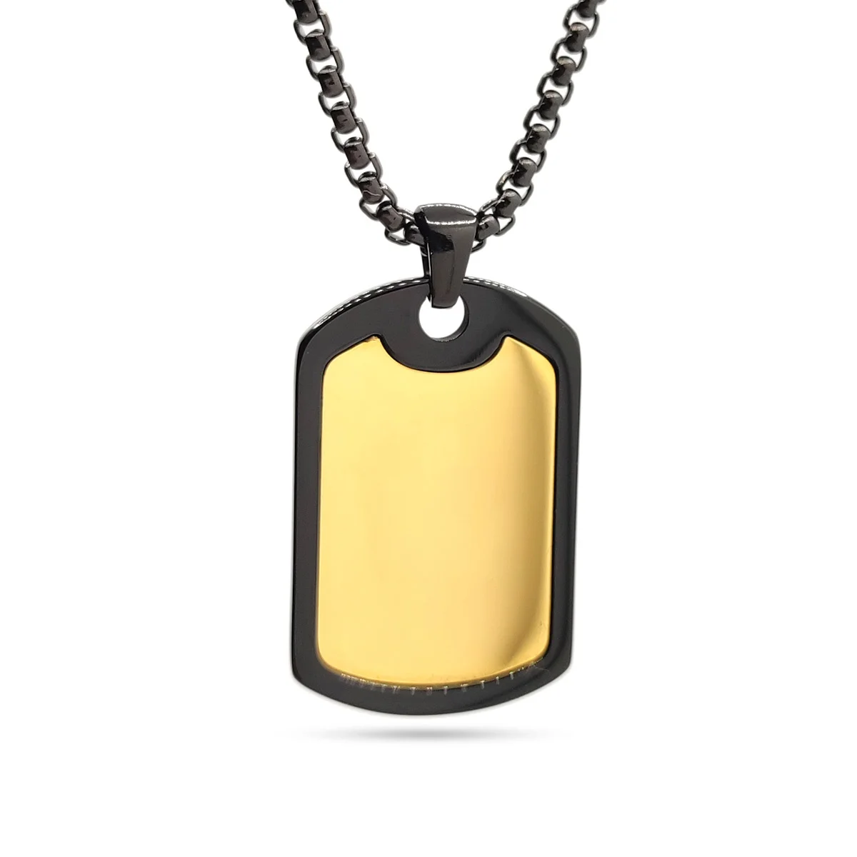 Collar Acero Inox Negro Militar Placa Dorada Hombre