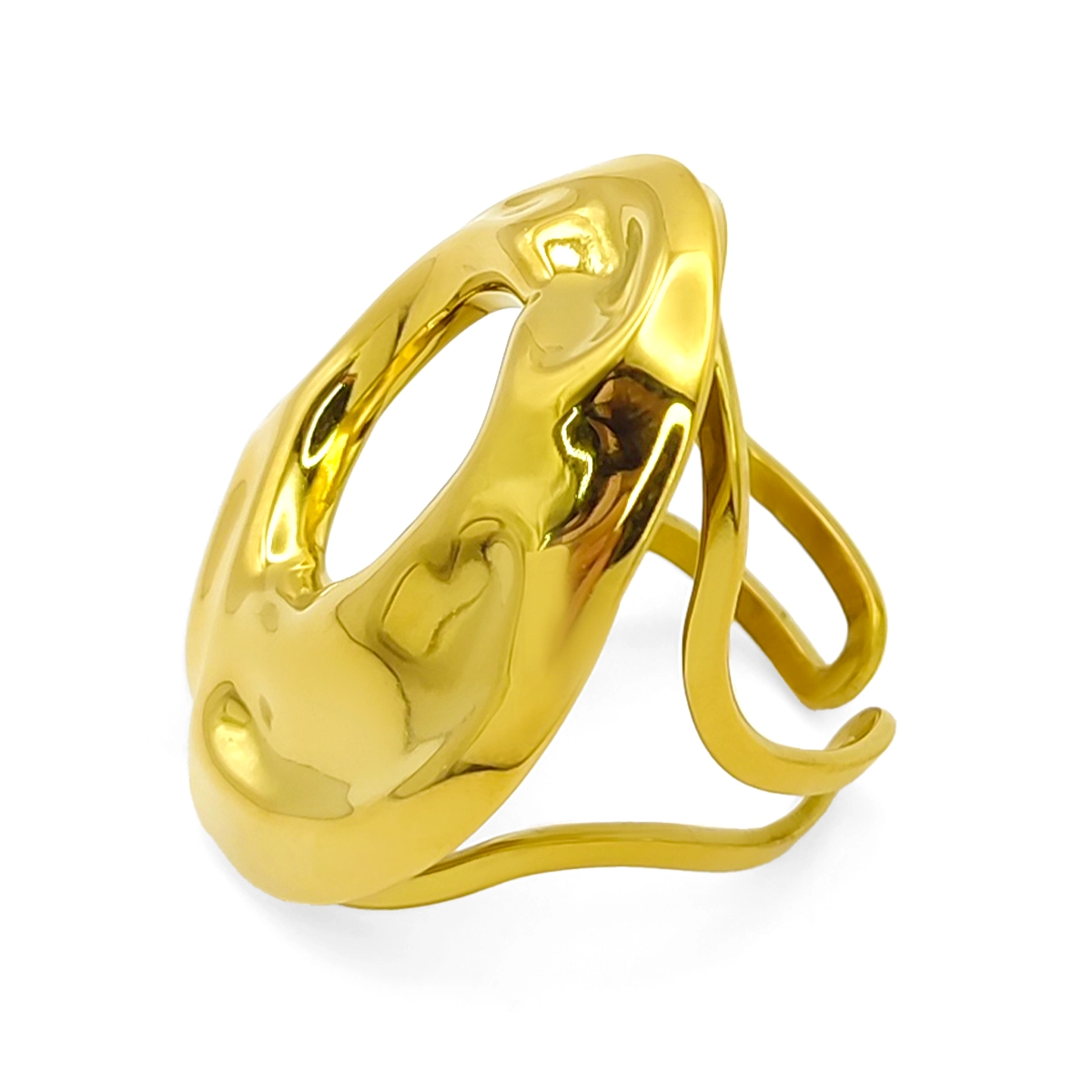 Anillo Acero Dorado Circulo Irregular Martillado Elegante