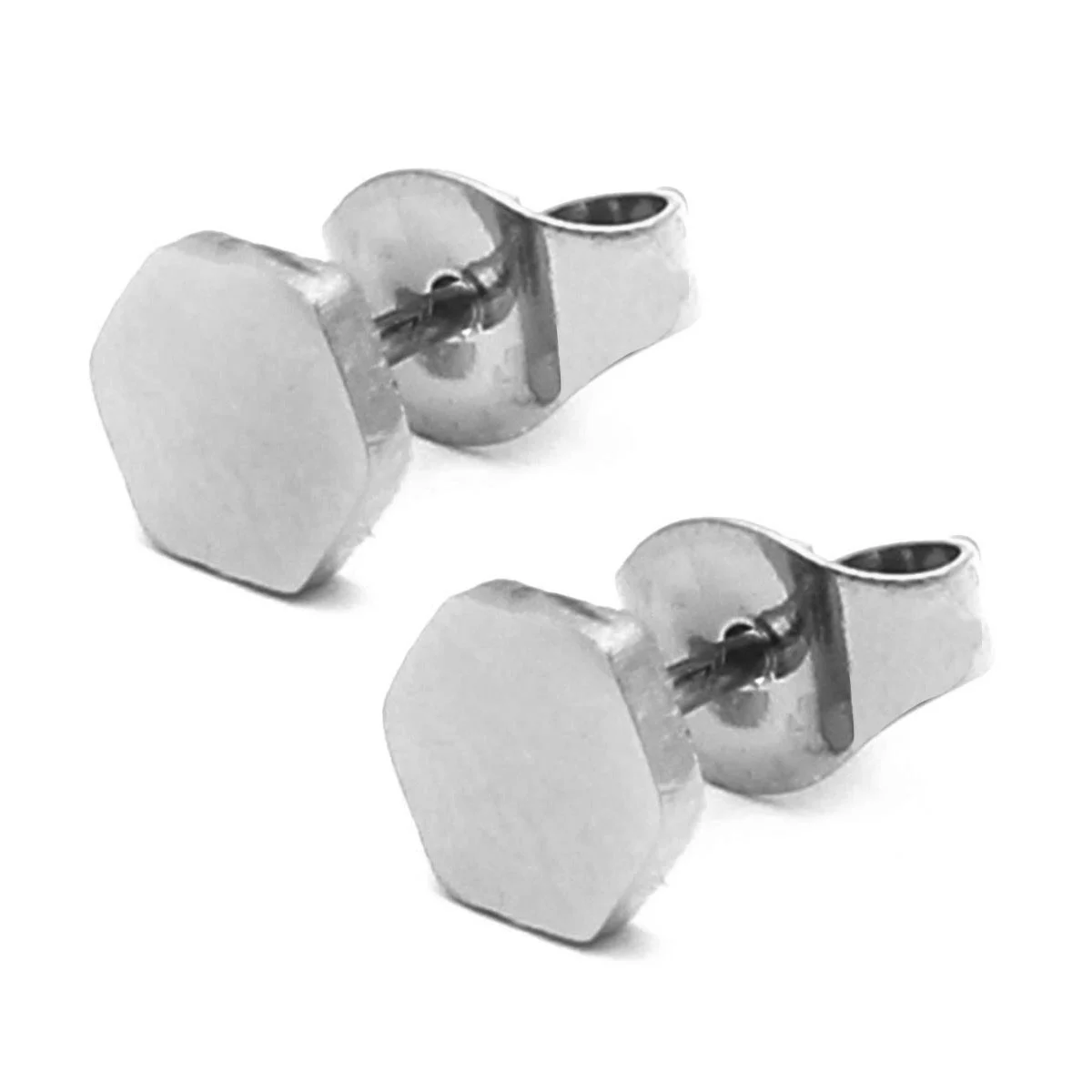 Aretes Tipo Broquel Acero Plateado Hexagono Liso 6mm