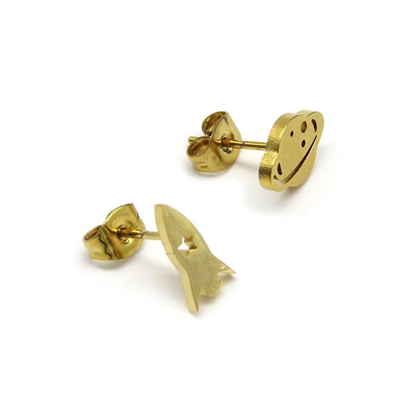 Aretes Tipo Broquel Acero Dorado Saturno Cohete Espacial