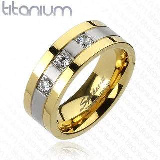 Anillo de Titanio Dorado Diseño Cutre Triple Gema