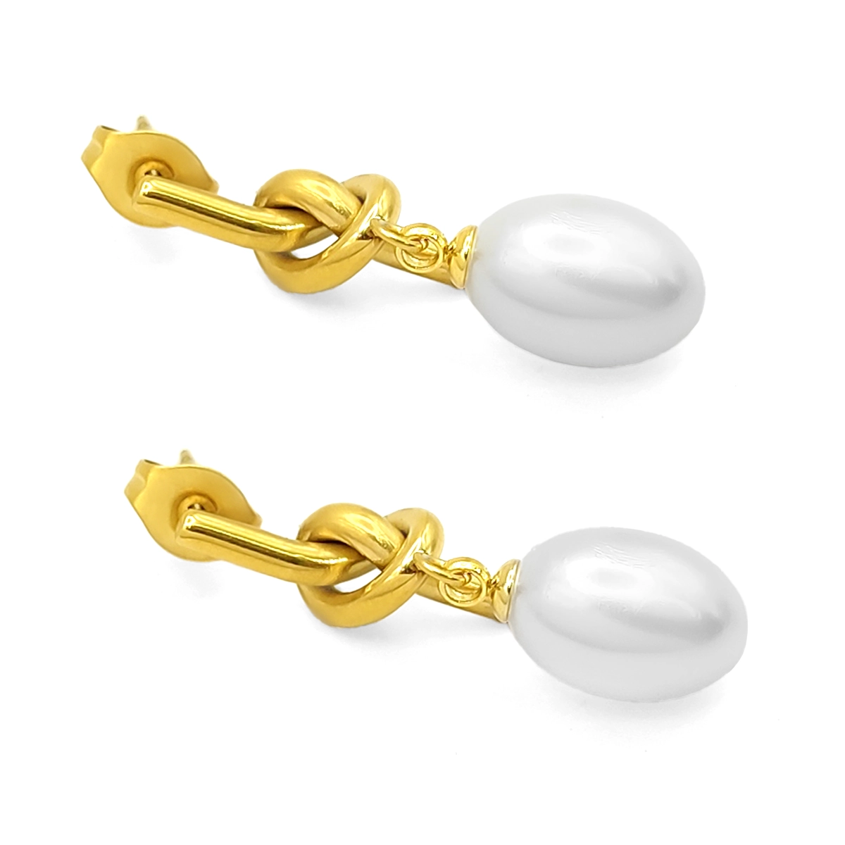 Aretes Acero Dorado Nudo con Perla Ovalada Colgante