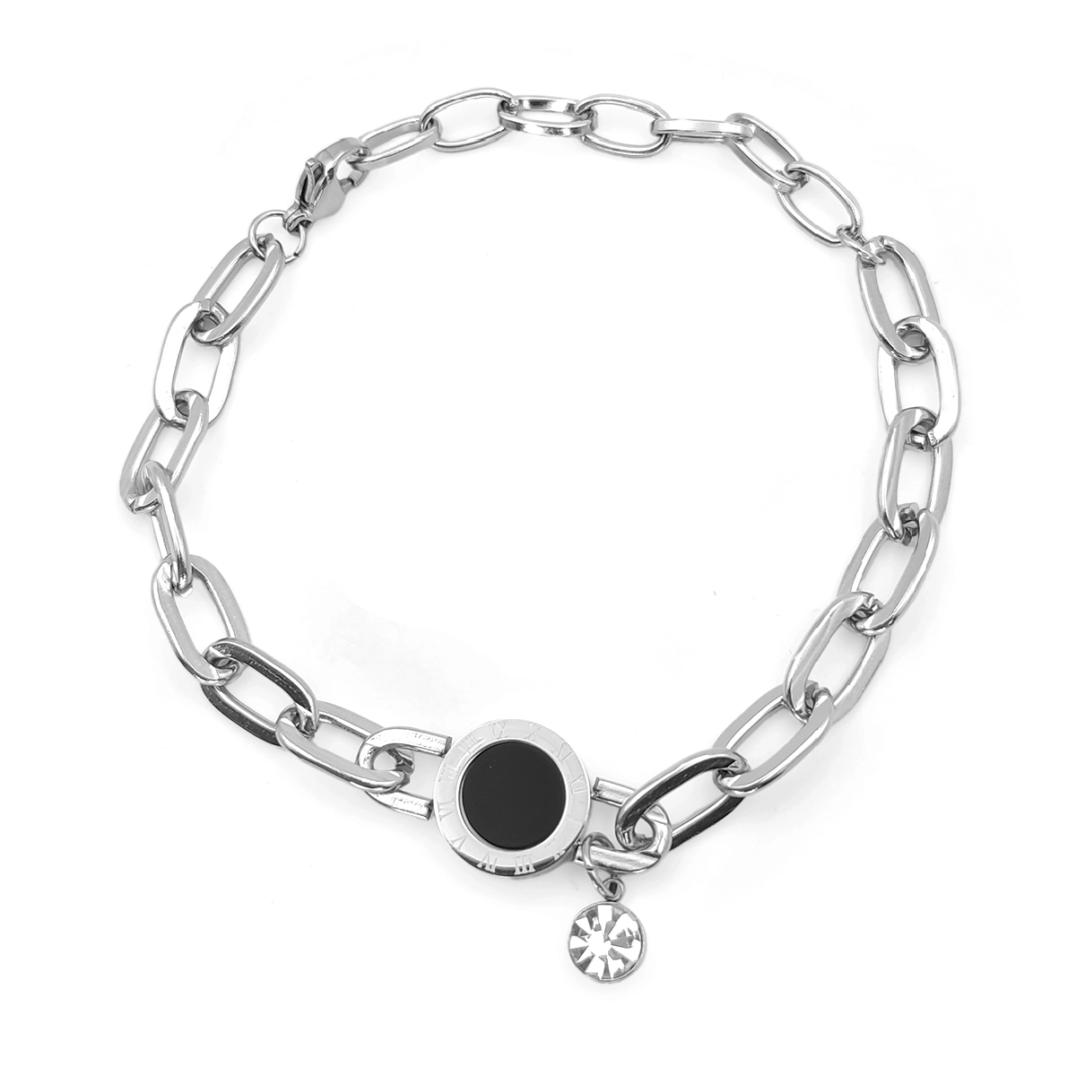 Pulsera Acero Circulo negro Numeros Romanos Cristal