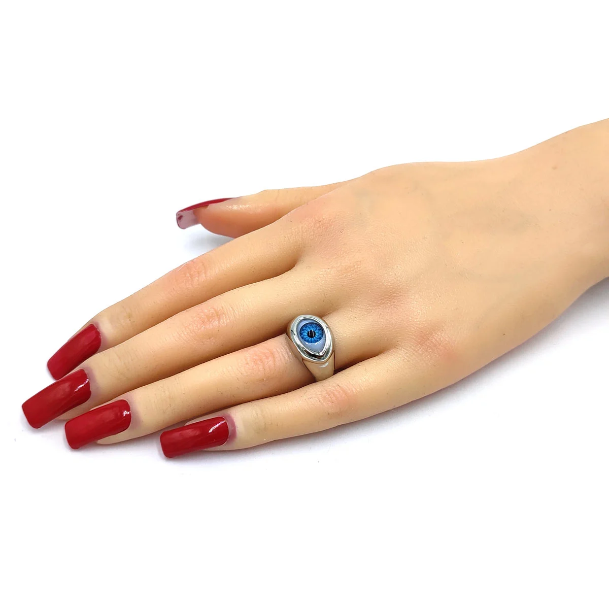 Anillo Acero Inoxidable Plateado Ojo Azul Realista