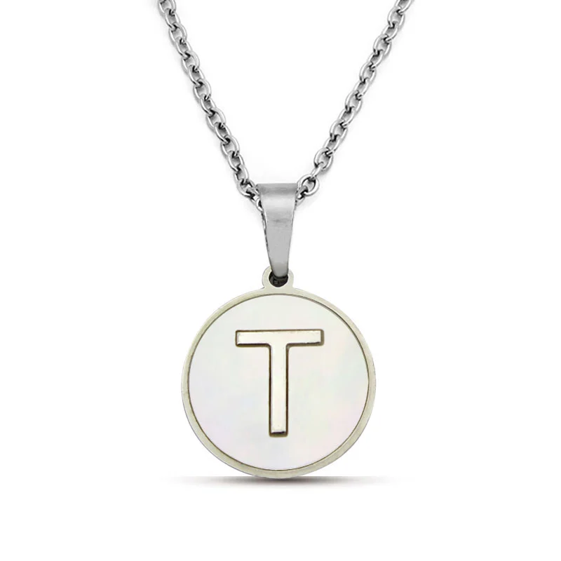 Collar Acero Plateado Circular Letra T Madre Perla