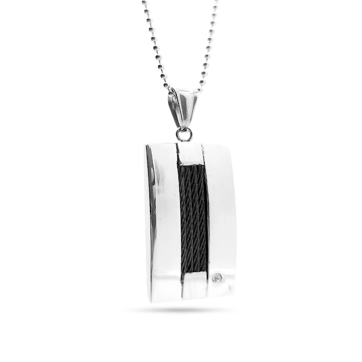 Collar Acero Plateado Placa Lineas Negras Zirconia Formal