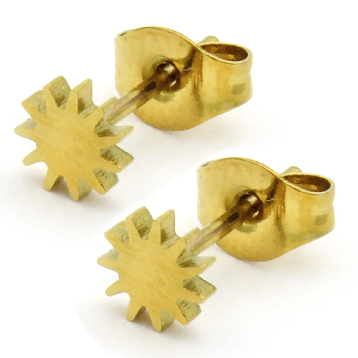 Arete Tipo Broquel Acero Dorado Sol Pequeño Liso Sencillo