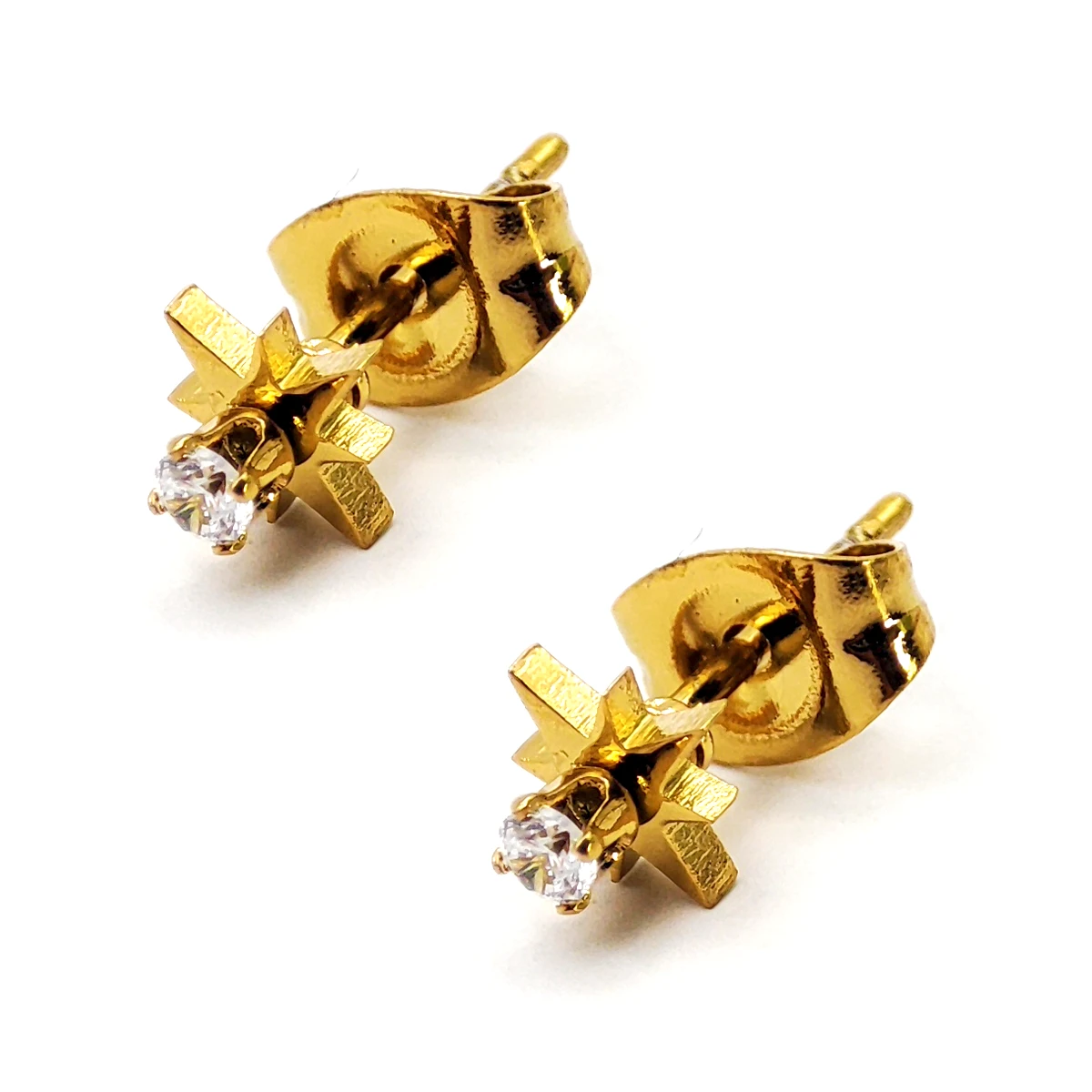 Set Aretes Acero Dorado Huggies Estrella Cristal Rombo